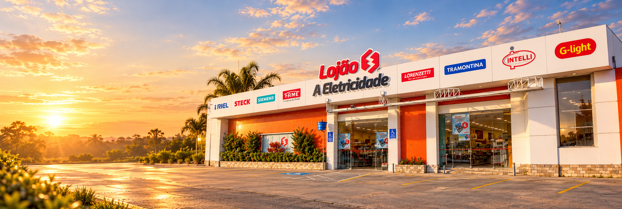 Composição da fachada do Lojão A Eletricidade em perspectiva e luz de fim de tarde